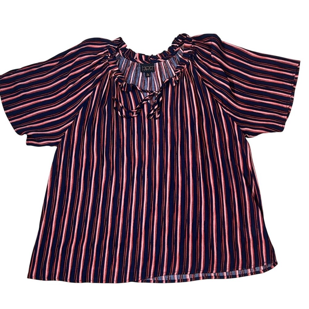 Mod lusiv Womens L Striped Blouse Red & Blue Short Sleeve Ruffle Neck Tie 1865